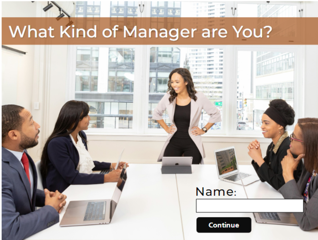 What Kind of Manager are You? course title slide showing a woman leading a team meeting